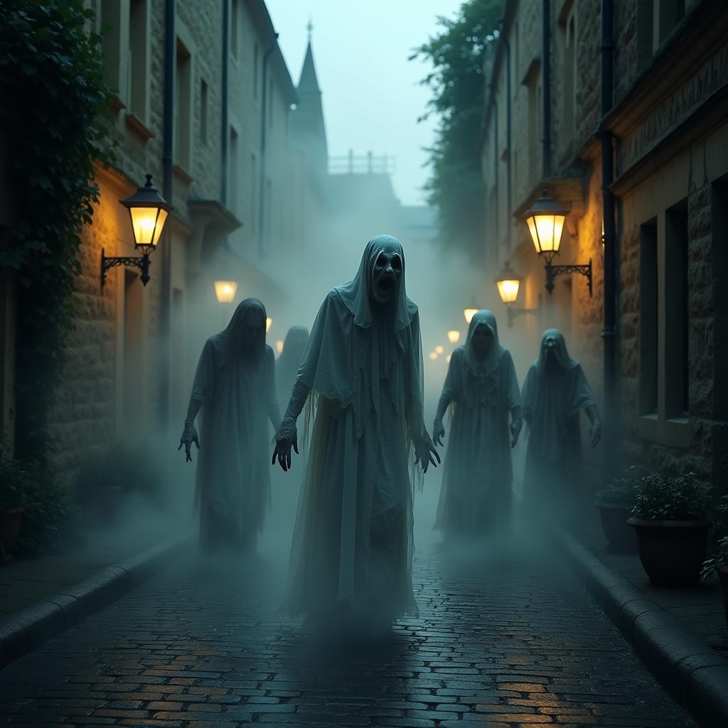 A dimly lit cobbled street at Oxford University, shrouded in an eerie atmosphere