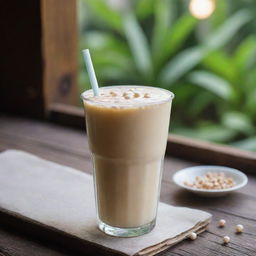 A refreshing glass of milk tea, garnished with pearls, a striped straw, on a rustic wood table with morning light casting a warm glow.