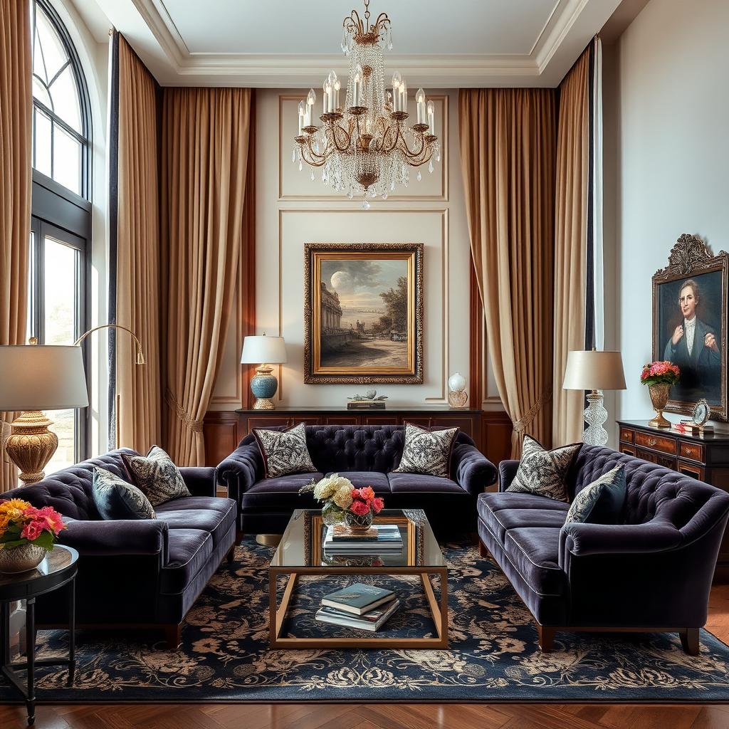 An elegant living room design featuring luxurious furnishings and sophisticated decor