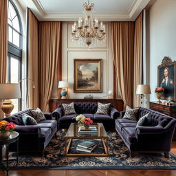 An elegant living room design featuring luxurious furnishings and sophisticated decor