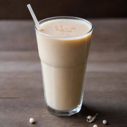 A refreshing glass of milk tea, garnished with pearls, a striped straw, on a rustic wood table with morning light casting a warm glow.