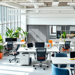 A contemporary office design that showcases a clean and functional workspace