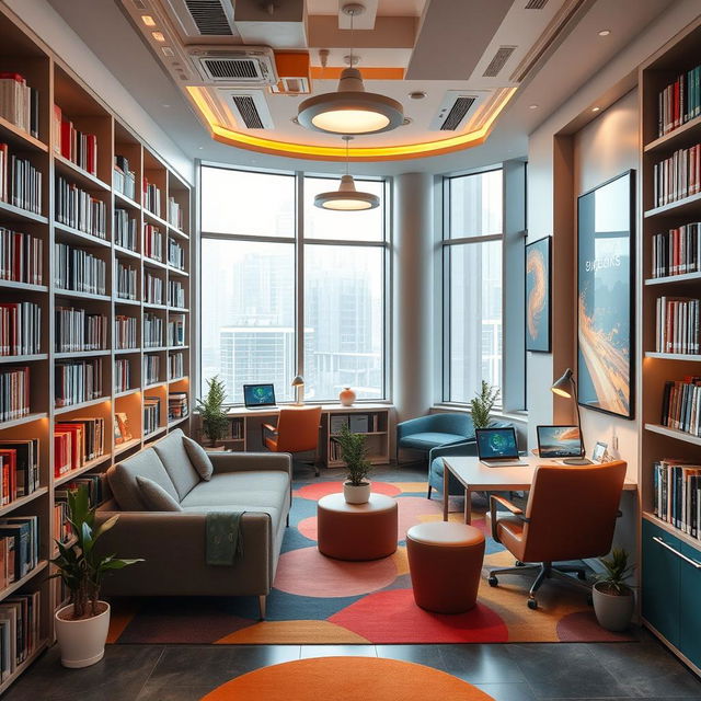 A small, modern, and innovative library design, showcasing a cozy yet futuristic atmosphere