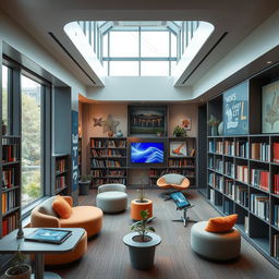 A small, modern, and innovative library design, showcasing a cozy yet futuristic atmosphere