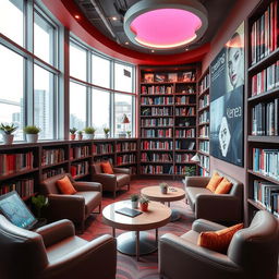 A small, modern, and innovative library design, showcasing a cozy yet futuristic atmosphere