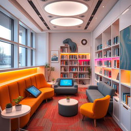 A small, modern, and innovative library design, showcasing a cozy yet futuristic atmosphere