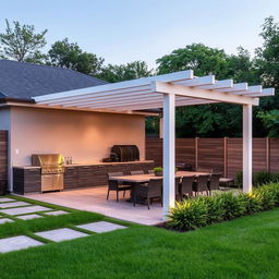 A stylish outdoor quincho design that features a semi-covered layout