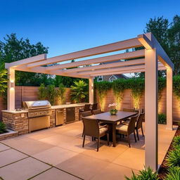 A stylish outdoor quincho design that features a semi-covered layout