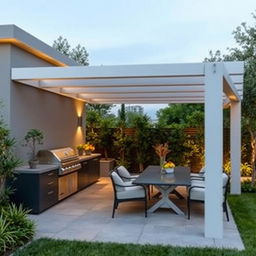 A stylish outdoor quincho design that features a semi-covered layout