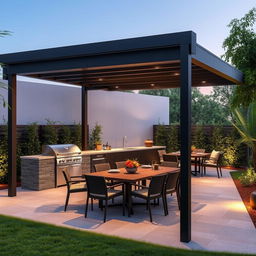 A stylish outdoor quincho design that features a semi-covered layout