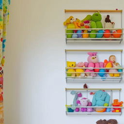 A small children's room transformed into a well-organized space featuring wall-mounted shelves filled with a variety of small colored toys.