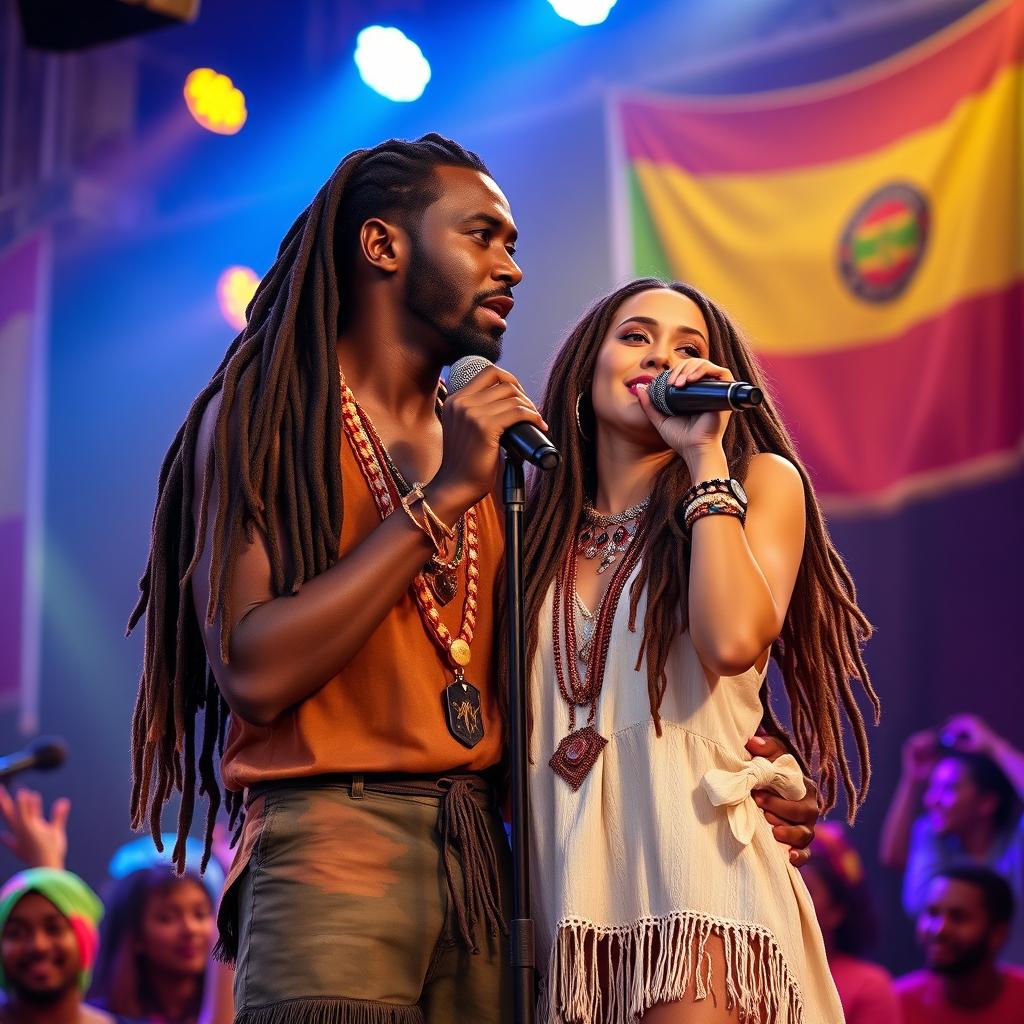 A black male singer and a brunette female singer dressed in reggae-inspired clothing