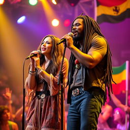 A black male singer and a brunette female singer dressed in reggae-inspired clothing