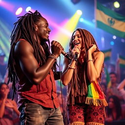 A black male singer and a brunette female singer dressed in reggae-inspired clothing