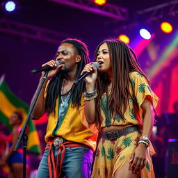 A black male singer and a brunette female singer dressed in reggae-inspired clothing