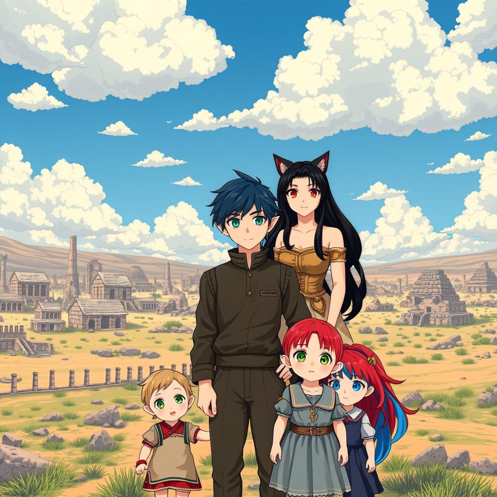 In a vast landscape showcasing the remnants of an ancient civilization, with scattered ruins and an expansive blue sky adorned with fluffy clouds