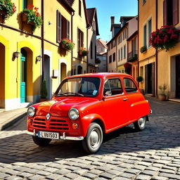 A vintage Renault Twingo 1 parked on a cobblestone street in a picturesque European village