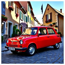 A vintage Renault Twingo 1 parked on a cobblestone street in a picturesque European village