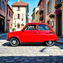 A vintage Renault Twingo 1 parked on a cobblestone street in a picturesque European village