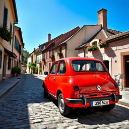 A vintage Renault Twingo 1 parked on a cobblestone street in a picturesque European village