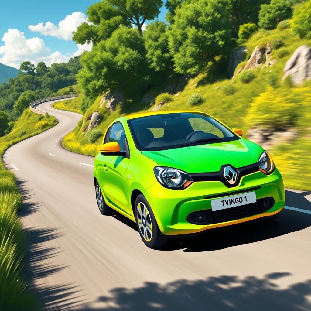 A vibrant and dynamic illustration of a Renault Twingo 1 in a striking green and yellow color scheme, cruising down a scenic winding road with lush greenery on either side