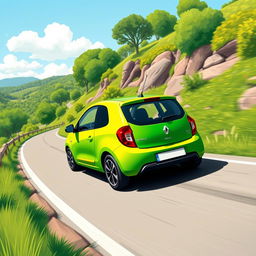 A vibrant and dynamic illustration of a Renault Twingo 1 in a striking green and yellow color scheme, cruising down a scenic winding road with lush greenery on either side