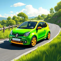 A vibrant and dynamic illustration of a Renault Twingo 1 in a striking green and yellow color scheme, cruising down a scenic winding road with lush greenery on either side