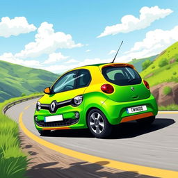 A vibrant and dynamic illustration of a Renault Twingo 1 in a striking green and yellow color scheme, cruising down a scenic winding road with lush greenery on either side