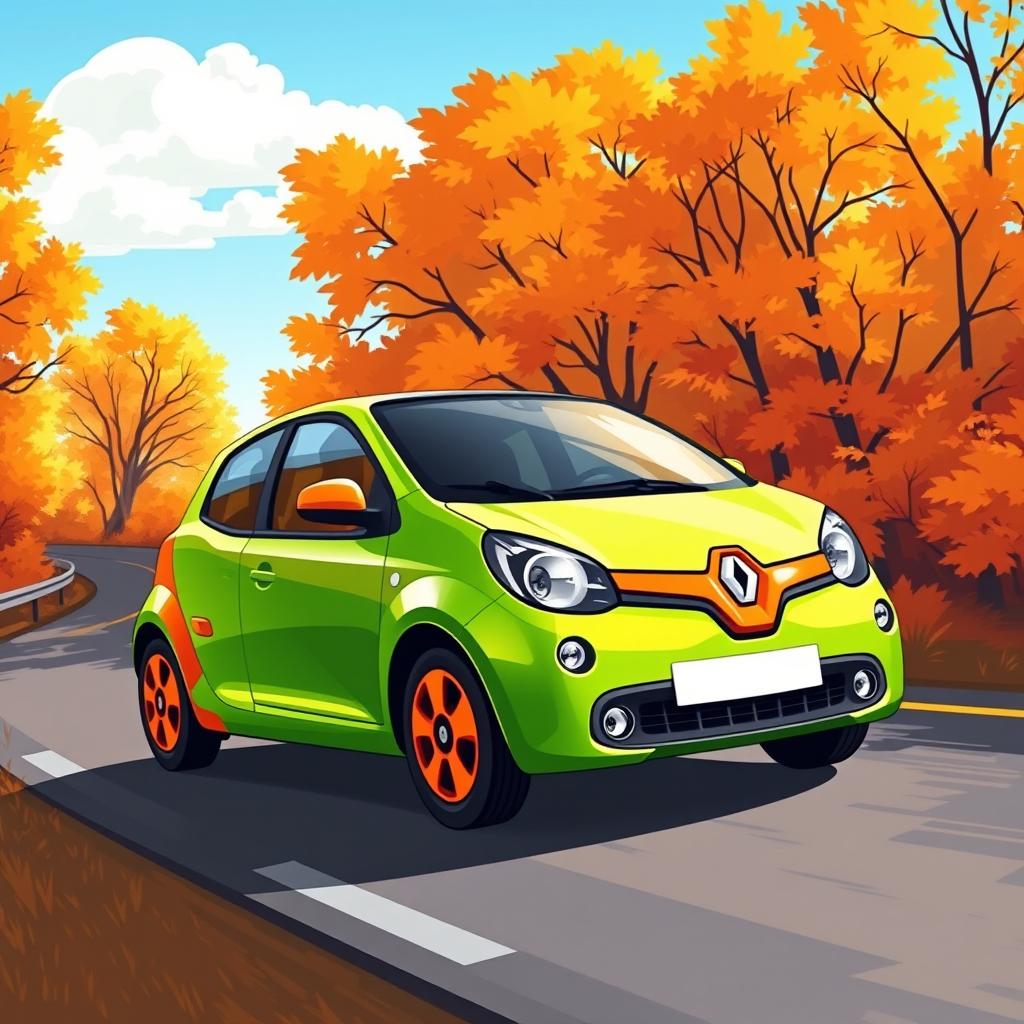 A vibrant and dynamic illustration of a Renault Twingo 1 in a striking green and orange color scheme, cruising down a scenic winding road surrounded by colorful autumn trees