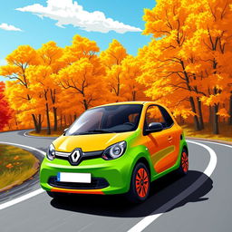 A vibrant and dynamic illustration of a Renault Twingo 1 in a striking green and orange color scheme, cruising down a scenic winding road surrounded by colorful autumn trees