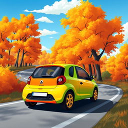 A vibrant and dynamic illustration of a Renault Twingo 1 in a striking green and orange color scheme, cruising down a scenic winding road surrounded by colorful autumn trees