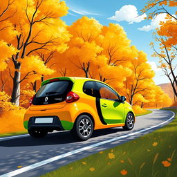 A vibrant and dynamic illustration of a Renault Twingo 1 in a striking green and orange color scheme, cruising down a scenic winding road surrounded by colorful autumn trees