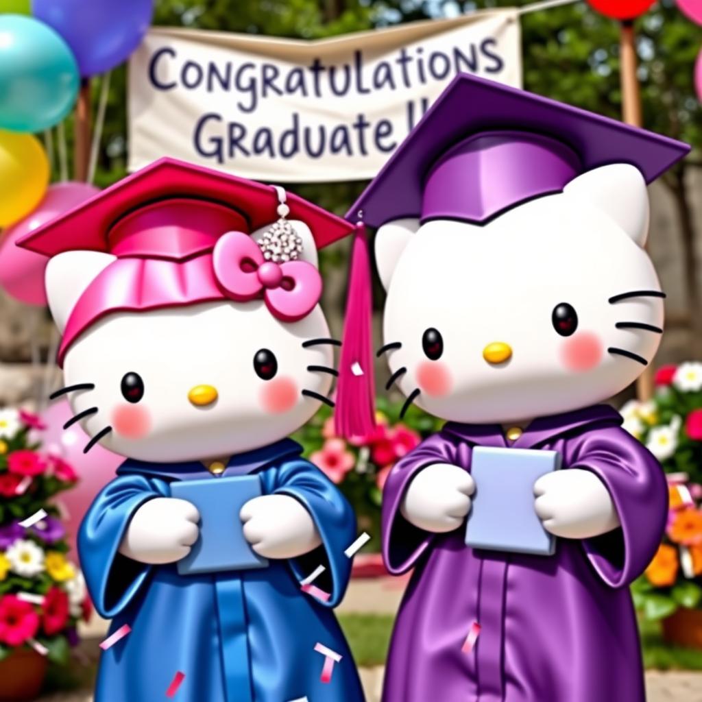 Two adorable Hello Kitty characters dressed in graduation caps and gowns, smiling joyfully as they celebrate their graduation day