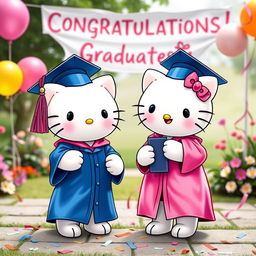 Two adorable Hello Kitty characters dressed in graduation caps and gowns, smiling joyfully as they celebrate their graduation day