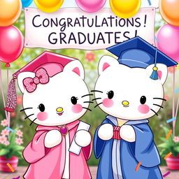 Two adorable Hello Kitty characters dressed in graduation caps and gowns, smiling joyfully as they celebrate their graduation day