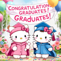 Two adorable Hello Kitty characters dressed in graduation caps and gowns, smiling joyfully as they celebrate their graduation day