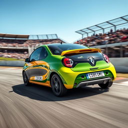 A thrilling scene of a Renault Twingo 1 in action, racing down a track