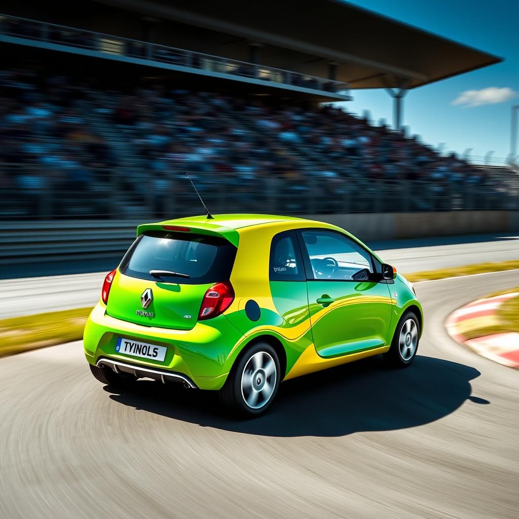 A thrilling scene of a Renault Twingo 1 in action, racing down a track