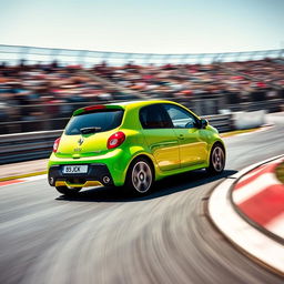 A thrilling scene of a Renault Twingo 1 in action, racing down a track