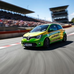 A thrilling scene of a Renault Twingo 1 in action, racing down a track