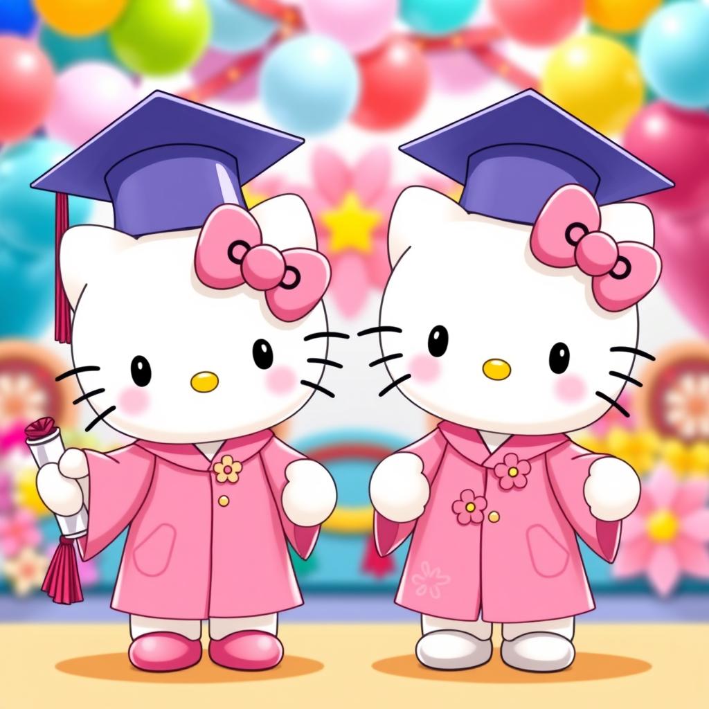 Two adorable Hello Kitty characters wearing cute pink graduation gowns and caps, standing happily with their diplomas in hand