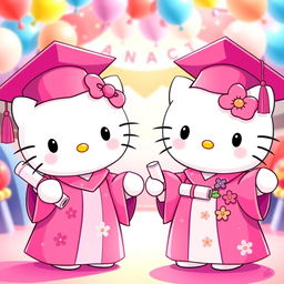 Two adorable Hello Kitty characters wearing cute pink graduation gowns and caps, standing happily with their diplomas in hand