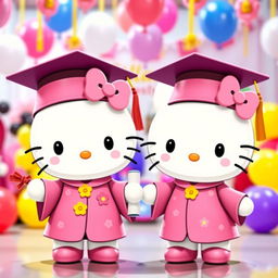 Two adorable Hello Kitty characters wearing cute pink graduation gowns and caps, standing happily with their diplomas in hand