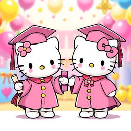 Two adorable Hello Kitty characters wearing cute pink graduation gowns and caps, standing happily with their diplomas in hand