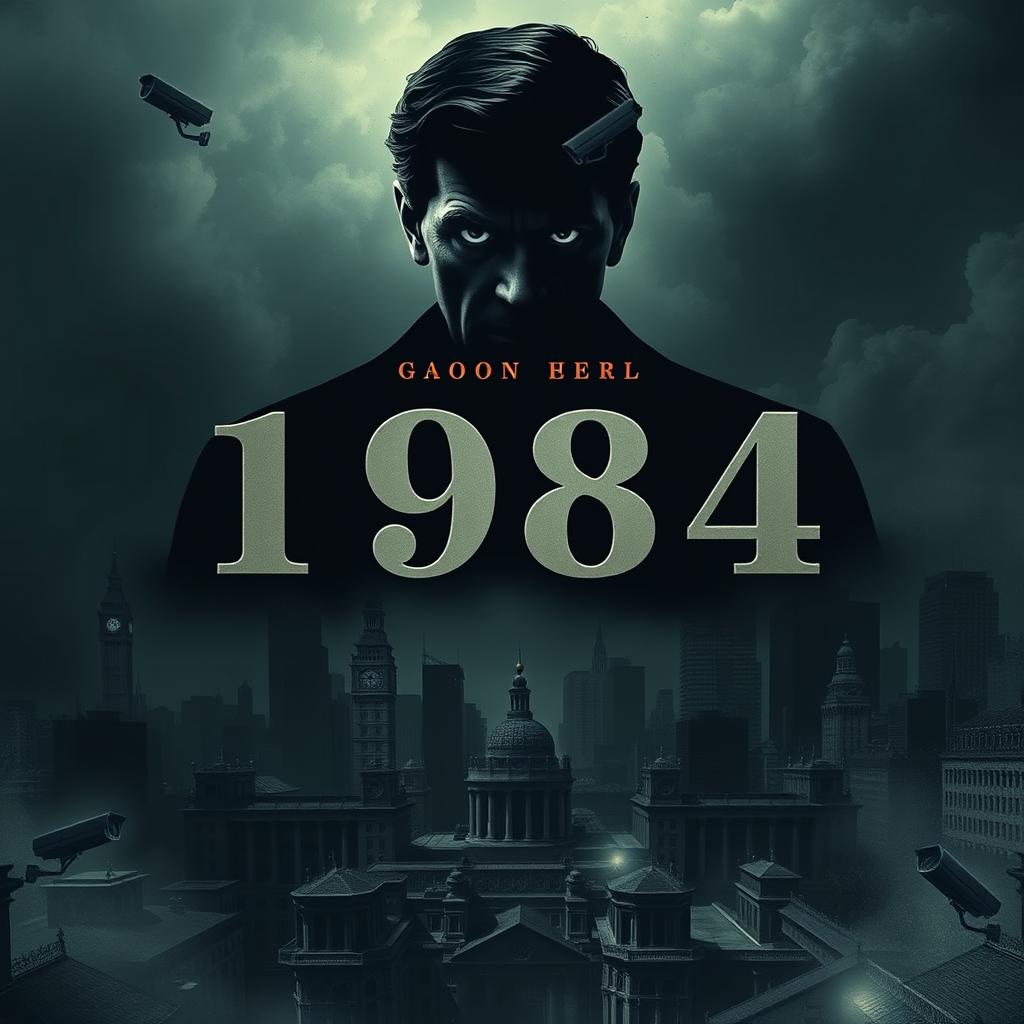 A dark and thought-provoking novel cover for George Orwell's '1984', featuring the iconic figure of Big Brother looming over a dystopian cityscape