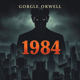 A dark and thought-provoking novel cover for George Orwell's '1984', featuring the iconic figure of Big Brother looming over a dystopian cityscape