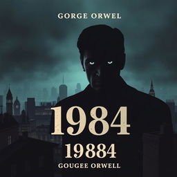 A dark and thought-provoking novel cover for George Orwell's '1984', featuring the iconic figure of Big Brother looming over a dystopian cityscape