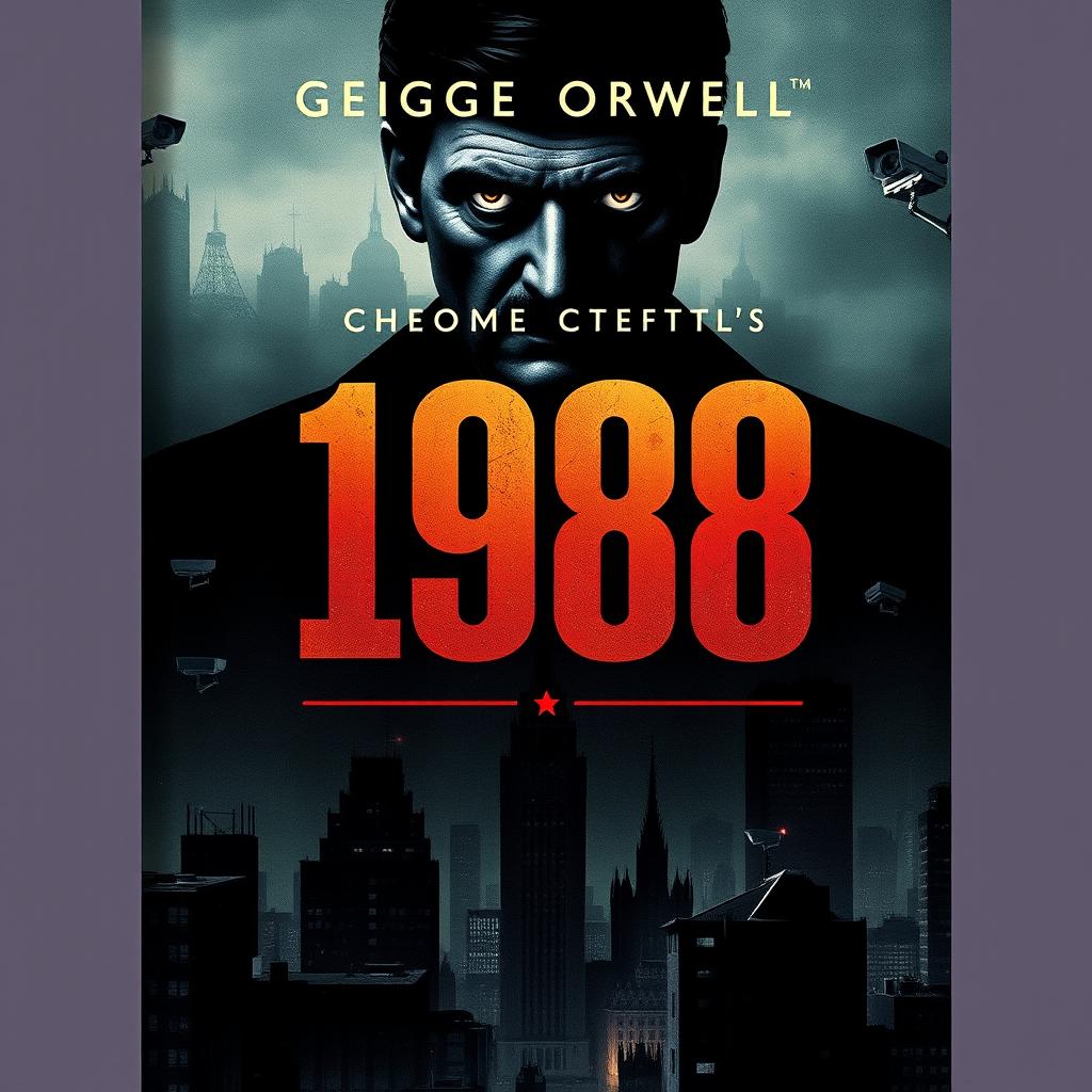 A dark and thought-provoking novel cover for George Orwell's '1984', featuring the iconic figure of Big Brother looming over a dystopian cityscape