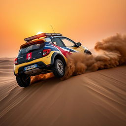 A Renault Twingo 1 rally raid edition conquering a rugged desert landscape