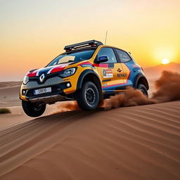 A Renault Twingo 1 rally raid edition conquering a rugged desert landscape